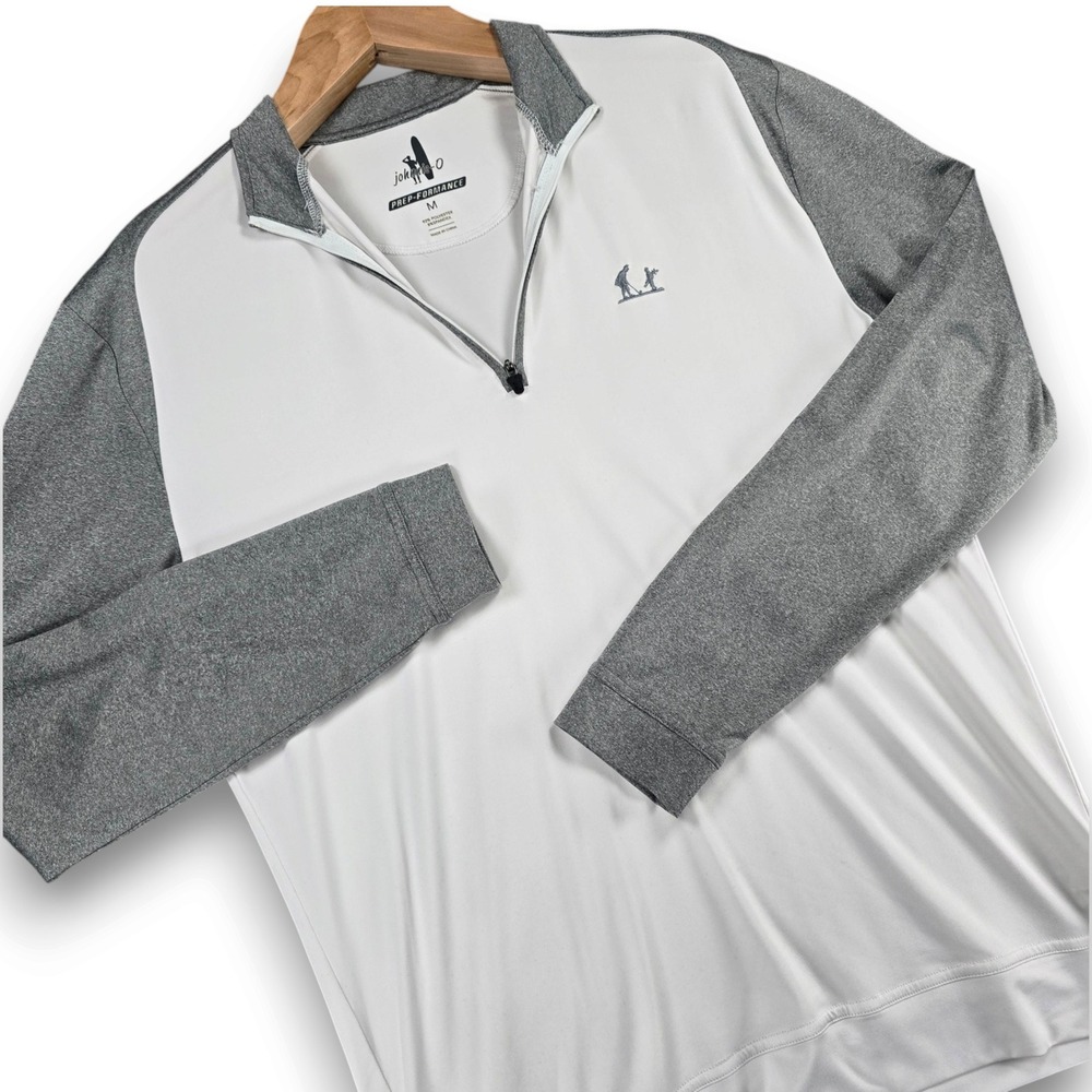 Johnnie-O Prep-Formance Mens M White Gray 1/4 Zip Golf Pullover Dad w/Son Logo